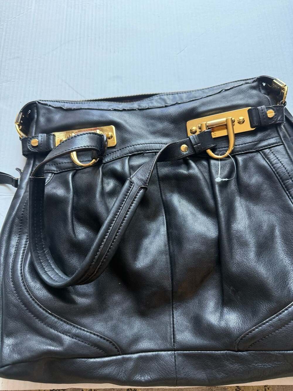 B. Makowsky Black Leather Shoulder Bag with Gold-Tone Hardware
